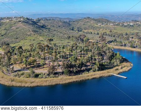 Aerial View Of Miramar Reservoir In The Scripps Miramar Ranch Community, San Diego, California. Mira