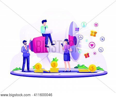 Marketing Strategy Concept, Businessman Shout On The Giant Megaphone For Promotion. Referral Marketi