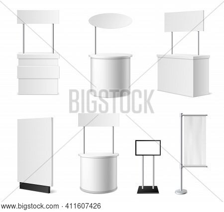 Realistic Promotional Stands. 3d White Blank Advertising Counters Collection, Isolated Blank Events 