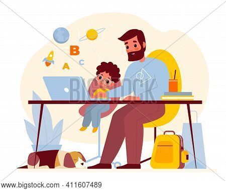 Teaching At Home. Father Helps Son With Homework, Parent With Child At Computer Table, Kids Online E