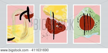 Modern Trendy Mid Century Abstract Compositions Set. Geometric Textured Wall Art Collection. Scandin