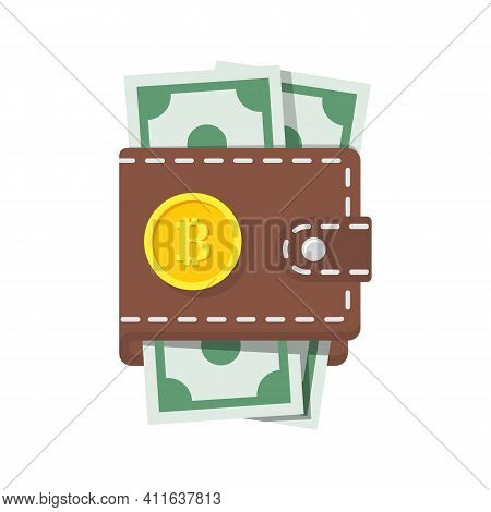 Bitcoin Wallet Black Line Minimal Design. Modern Earnings And Savings. Electronic Money Is Issued In