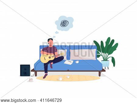 Stressed Guitarist Flat Color Vector Faceless Character. Musician Have Difficulty With Writing Music