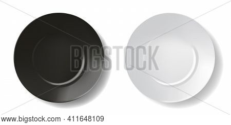 Black And White Empty Bowl Or Soup Plate On White Background. Сeramic Tableware, Round Melamine Dish