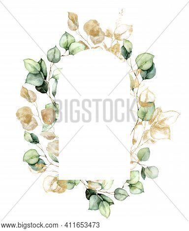 Watercolor Gold Oval Frame Of Eucalyptus Branches, Leaves And Seeds. Hand Painted Card Of Plants Iso