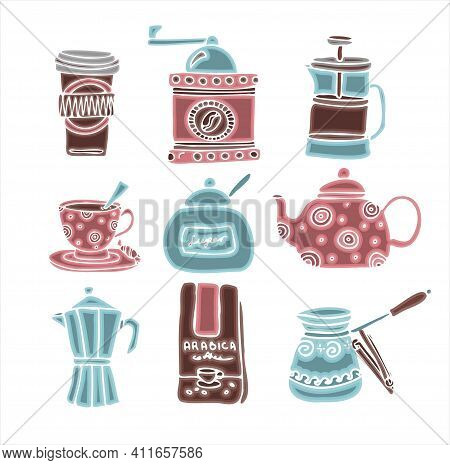 Big Set Of Hand Drawn Coffee Doodles. A Set Of Isolated Vector Drawings For Tea Drinking And Making 