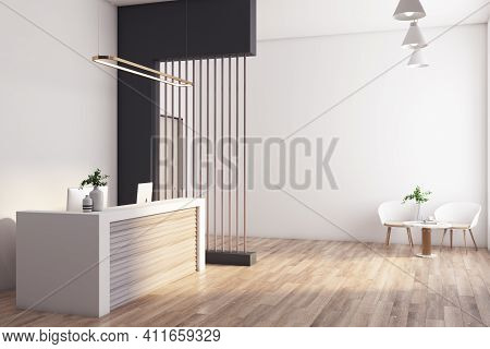 Sunny Modern Style Reception Area In Spacious Office Wth Wooden Furniture And Floor, White Walls And