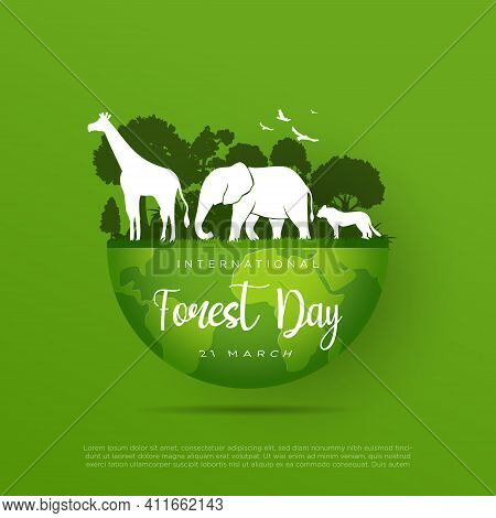 International Forest Day 21 March Vector Illustration. Animal, Tree, Green Greeting, Wildlife, Globe