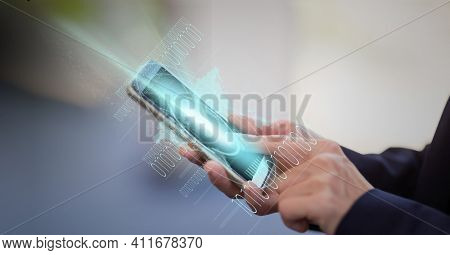 Digital composite image of binary coding data processing over person using smartphone. global networking and business concept