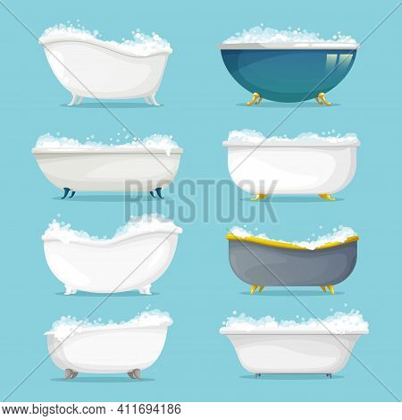 Classic Freestanding Bath With Shampoo, Soap Foam Set. Empty Metal Or Ceramic Retro Bathtubs On Gold
