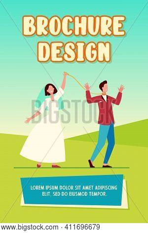 Cheerful Bride Leading Groom On Leash. Wedding Day, Dress, Smoking, Metaphor. Flat Vector Illustrati