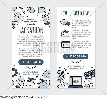 Hackathon And Datathon Leaflet Or Flyer For Printing In Doodle Style. Vector Template For The Event 
