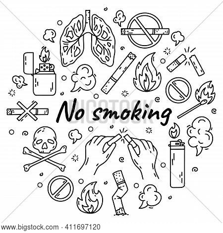 No Smoking Outline Vector Set In Doodle Style, Hand Drawing. The Concept Of Bad Habits With Cigarett