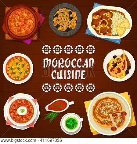 Moroccan Cuisine Restaurant Food Poster. Harira, Pearl Barley And Chicken Tomato Soup, Lamb Stew Wit