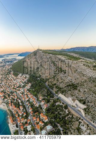 Aerial Drone Shot Of Mountain Srd With View Of Dubrovnik In Croatia Summer Morning