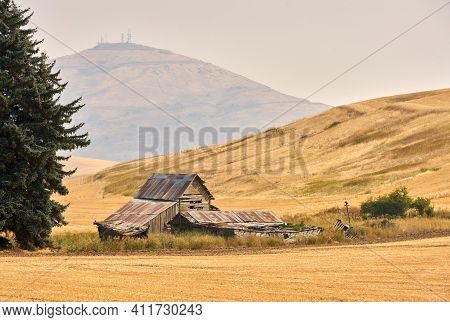 Steptoe Barn Washington State. An Old, Wooden Barn In A Field In Front Of Steptoe Butte.