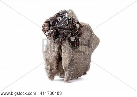 Macro Of Mineral Sphalerite Stone On Microcline On White Background