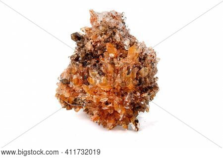 Macro Of Mineral Stone Creedite On Microcline On White Background