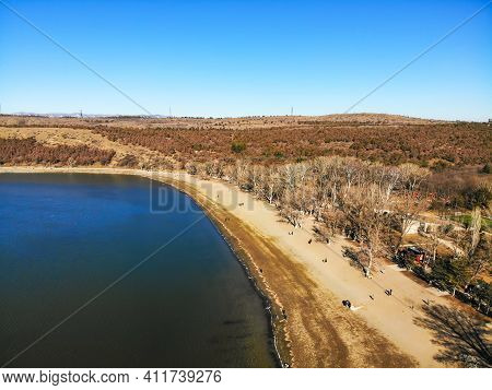 Aerial Lisi Lake View With People By Lake And Tranquil Landscape.well Being And Leisure Concept