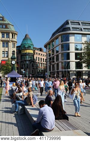 Dusseldorf, Germany - September 19, 2020: People Visit Cornelius Square In Downtown Dusseldorf, Germ