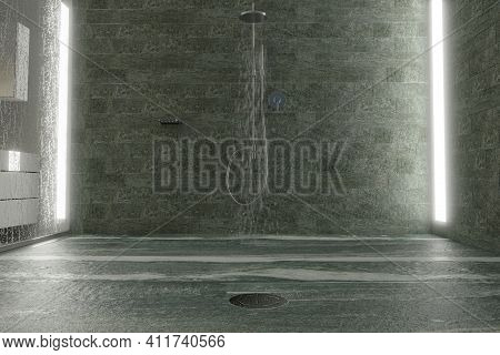 3d Rendering Of Shower Tray In Valser Quartzite Stone Style With Light Strips