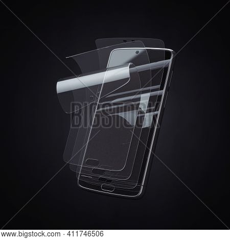 Smartphone screen protector glass or film cover. Transparent multi layered glass shield for mobile phone. 3d illustration