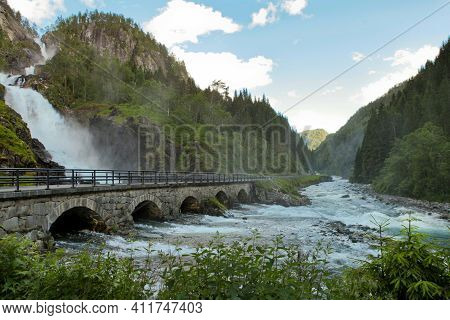 Bridge And Latefossen Or Latefoss - One Of The Biggest Waterfalls In Norway, Scandinavia, Europe
