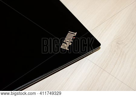 Belarus, Novopolotsk - 07 March, 2021: Lenovo Think Pad Laptop On Wooden Table