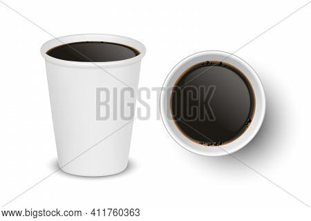 Vector 3d Realistic Paper White Disposable Cup Set Isolated With Black Coffee Isolated. Espresso, Am
