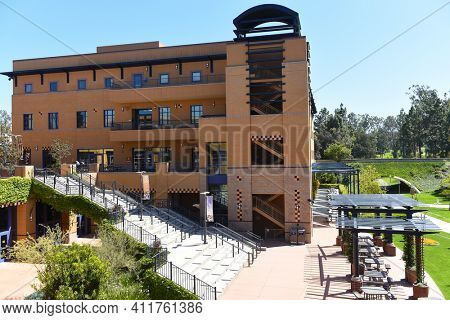 IRVINE, CALIFORNIA - 16 APRIL 2020: Visitor Center on the Campus of the University of California Irvine, UCI.