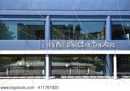 IRVINE, CALIFORNIA - 16 APRIL 2020: Closeup of the sign on the Irvine Barclay Theater on the campus of the University of California Irvine, UCI.