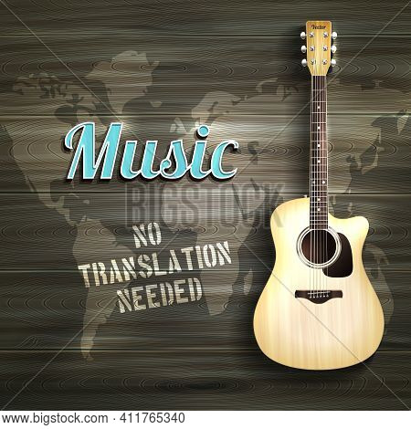 Realistic Acoustic Guitar On Wooden Background With World Map Vector Illustration