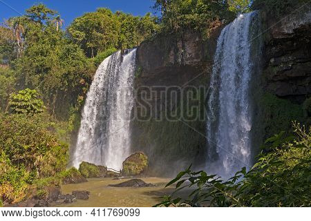 The Two Sisters Falls In The Tropics In Iguazu Falls National Park In Argentina