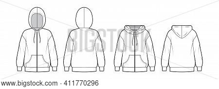Set Of Zip-up Hoody Sweatshirt Technical Fashion Illustration With Long Sleeves, Oversized Body, Kan
