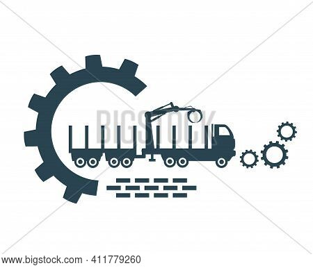 Vector Icon Of The Log Truck Logo. Production And Delivery Of Cruises. Automotive Hydraulic Manipula