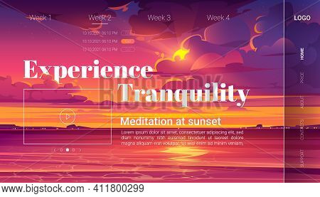 Meditation At Sunset Cartoon Landing Page, Invitation To Yoga Experience On Evening Ocean Beach. Pur