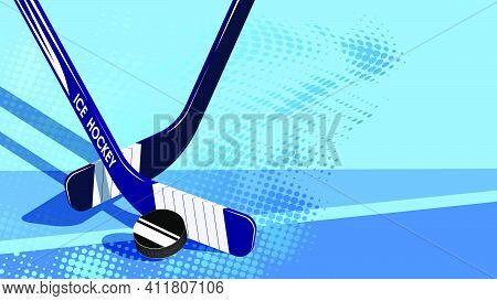 Crossed Sports Sticks For Ice Hockey Behind Black Rubber Puck. Sport Competition. Fighting In Ice Ar