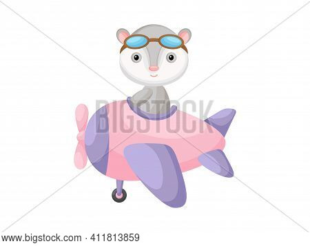Little Opossum Wearing Aviator Goggles Flying An Airplane. Funny Baby Character Flying On Plane For 