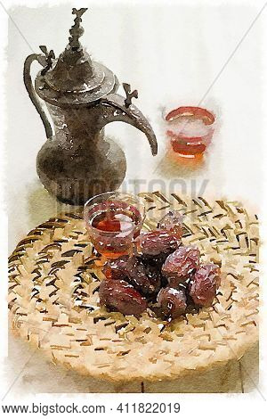 Water-color illustration of an Arabic coffee pot, and dates.  Kahva Dallah and date still life drawing.