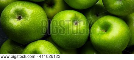 Photo Of Ripe Green Apples Background, Panoramic Image
