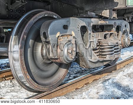 A Railway Bogie On The Rails. Close-up.
