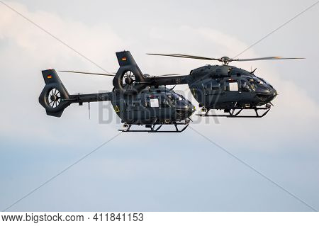 Berlin - Apr 27, 2018: Formation Of The New German Air Force Airbus H145m Helicopters In Flight Duri