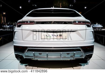 Lamborghini Urus  Suv Car Showcased At The Brussels Autosalon Motor Show. Belgium - January 18, 2019