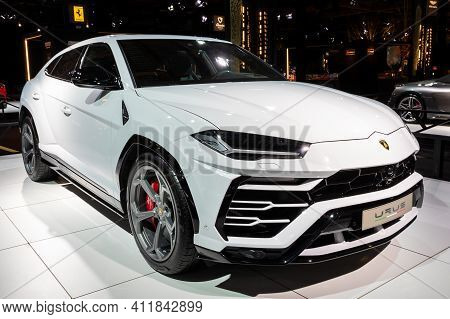 Lamborghini Urus  Suv Car Showcased At The Brussels Autosalon Motor Show. Belgium - January 18, 2019