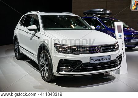 Volkswagen Tiguan Allspace Car Showcased At The Brussels Autosalon Motor Show. Belgium - January 18,