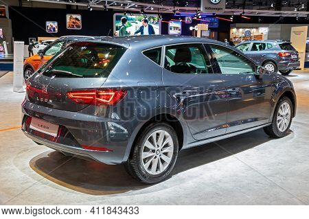 Seat Leon Car At The Brussels Autosalon Motor Show. Belgium - January 18, 2019.