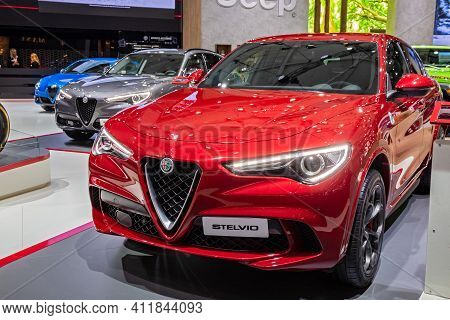 Alfa Romeo Stelvio Car At The Brussels Autosalon Motor Show. Belgium - January 18, 2019.