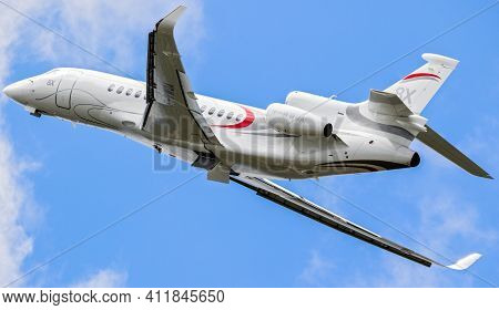 New Modern Dassault Falcon 8x Business Jet Plane Taking Off From The Runway Of Le Bourget Airport To