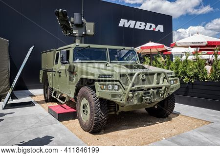 Le Bourget Paris - Jun 21, 2019: Uru Vamtac Military Vehicle With  Mbda Missile System On Display At
