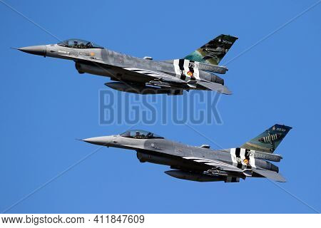 Kleine-brogel, Belgium - Sep 14, 2019: Belgian Air Force F-16 Fighter Jets With D-day Invasion Strip